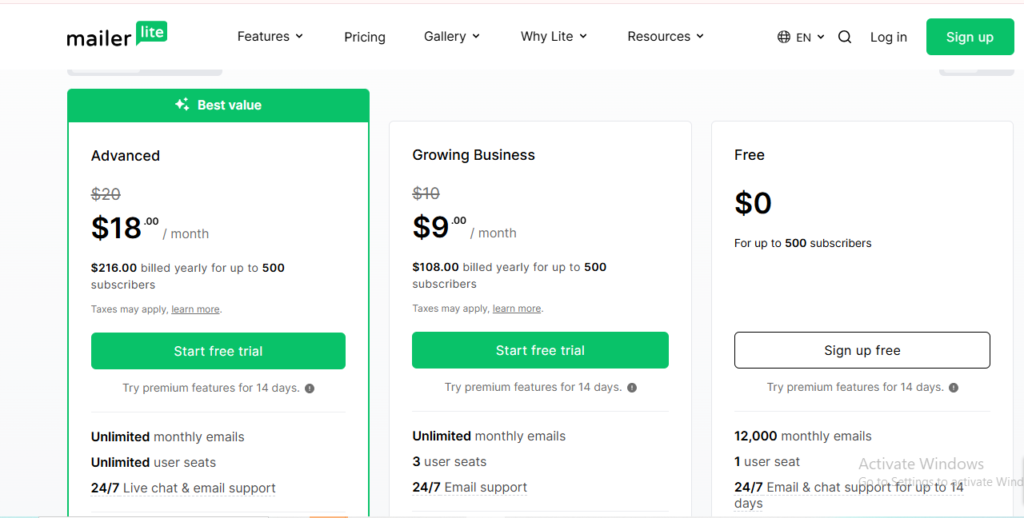 milerlite vs activecampaign:milerlite pricing